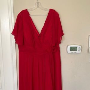 Red dress, worn once for a wedding, size 3x but fits a 2x better.